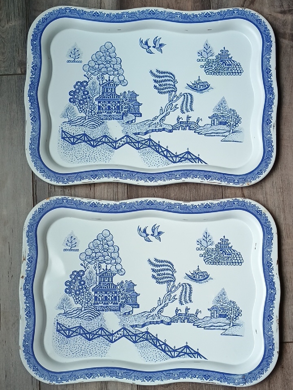 Vintage Blue and White Scenic Metal Serving Trays - Set of 2 Decor